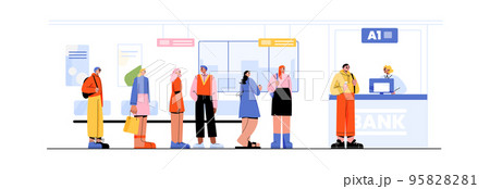 Bank queue, people stand in row front of desk 95828281