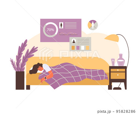 Woman napping and sleep app showing sleep stages, vector illustration isolated. 95828286