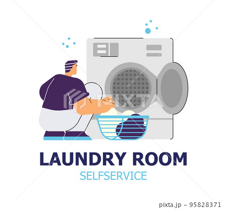 Man loading or taking clothes from washing machine in laundry room, flat vector illustration isolated on white. Man loading or taking clothes from washing machine in laundry room, flat vector illustration isolated on white. 95828371