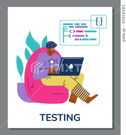 Young man sitting in chair and testing program on laptop, poster template, flat vector illustration. 95828385