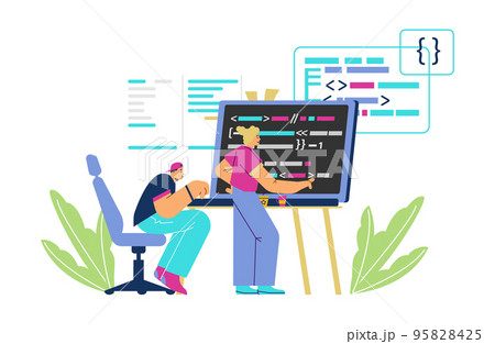 Man and woman writing programming code on big laptop, flat vector illustration isolated on white background. 95828425