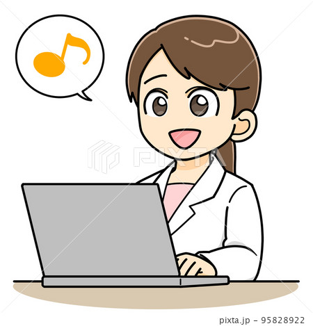 機嫌よくパソコンを打ち込む白衣の女性 95828922