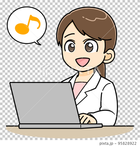 機嫌よくパソコンを打ち込む白衣の女性 95828922