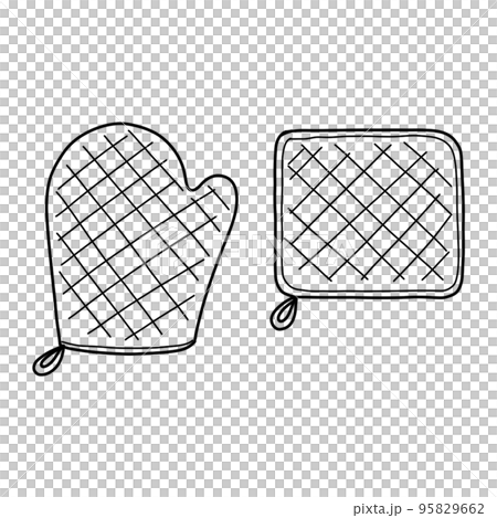 Hand drawn sketch of baking gloves. Line drawing. Single element for logo, starionery, label and packaging. Doodle illustration isolated on white. For receipt and cooking design. 95829662