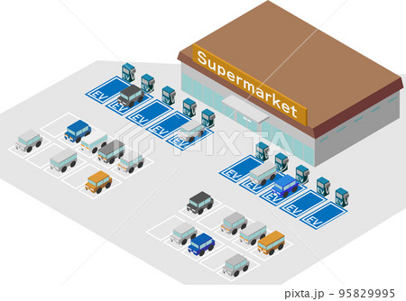 アイソメトリックなEV充電スポットがあるスーパーマーケットのイラスト アイソメトリックなEV充電スポットがあるスーパーマーケットのイラスト 95829995