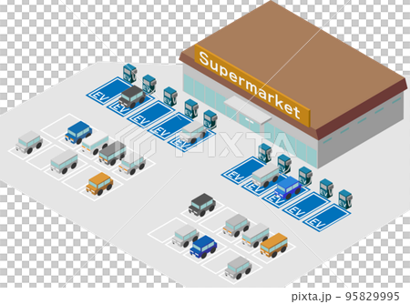 アイソメトリックなEV充電スポットがあるスーパーマーケットのイラスト アイソメトリックなEV充電スポットがあるスーパーマーケットのイラスト 95829995