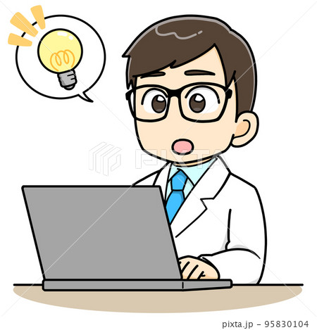 パソコンの前でひらめいた白衣の男性 95830104