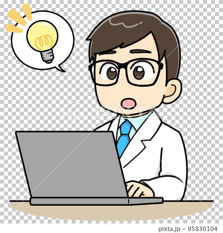パソコンの前でひらめいた白衣の男性 95830104