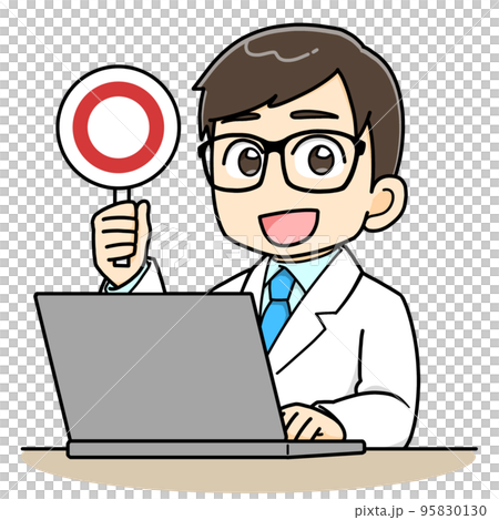 在電腦前舉起◯標籤的白大褂男子 在電腦前舉起◯標籤的白大褂男子 95830130