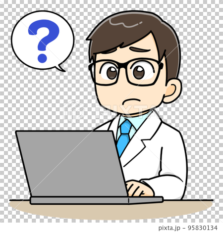 一個穿著白大褂的男人在電腦前疑惑 95830134