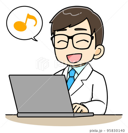 機嫌良くパソコンを打ち込む白衣の男性 95830140