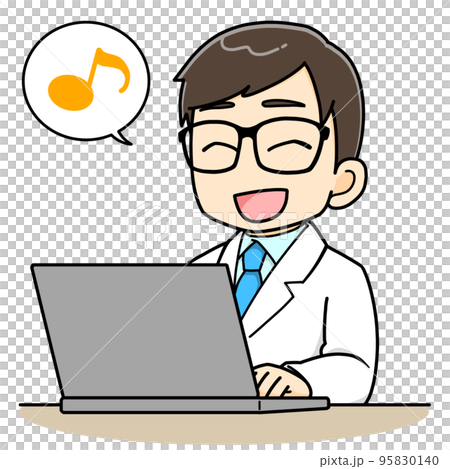 機嫌良くパソコンを打ち込む白衣の男性 95830140