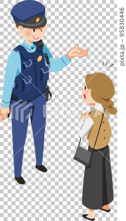 お巡りさんに相談する女性 95830446