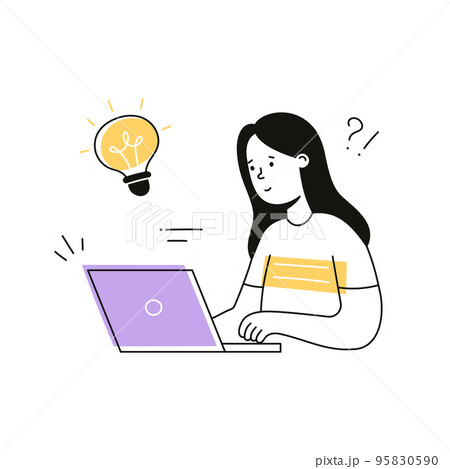 Idea bulb woman, work solution illustration. Doodle outline character work creative idea, think question. Female person with laptop, creative solution concept Idea bulb woman, work solution illustration. Doodle outline character work creative idea, think question. Female person with laptop, creative solution concept 95830590