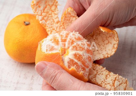 みかんの皮を剥く女性の手 95830901