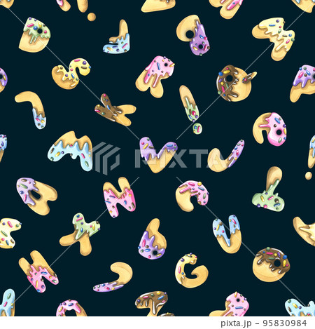 Latin letters sweet cookies with icing and confectionery sprinkles, multicolored. Watercolor illustration. Seamless pattern on a dark background from the collection of ICE CREAM and SWEETS. Latin letters sweet cookies with icing and confectionery sprinkles, multicolored. Watercolor illustration. Seamless pattern on a dark background from the collection of ICE CREAM and SWEETS. 95830984