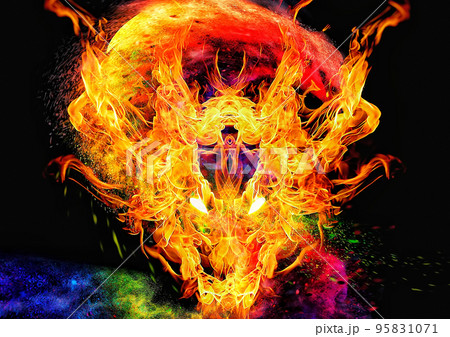 暗闇に渦巻くカラフルな火炎の龍の3dイラストレーション 95831071