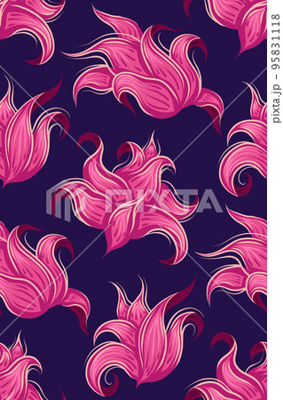 Vector pattern with fabulous curled pink flowers heads. Fantastic floral texture on dark purple background 95831118