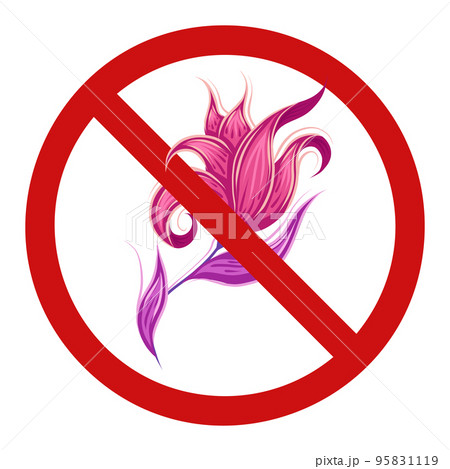 Vector forbidden sign with fabulous curled pink flowers. Prohibited badge with fairy pink poppy with violet leaves. Dont pick flowers. 95831119