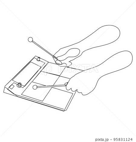 Continuous drawing of a person playing electronic drum pad with sticks. Hands holding drum sticks close up. Vector illustration. 95831124