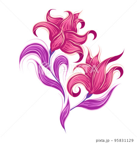 Vector illustration of fabulous curled pink flowers. Fairy pink poppy with violet leaves. Fantastic floral image 95831129