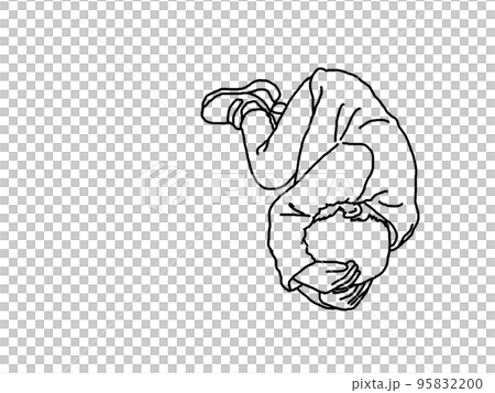 頭を抱えて床に寝転ぶ子供の線画 95832200
