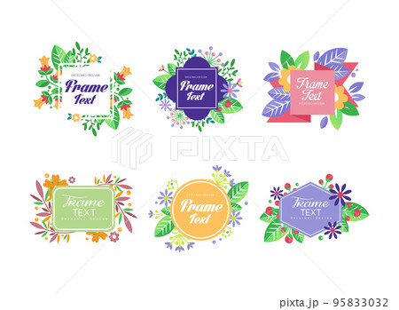 Floral Geometrical Frame Design with Blooming Flowers and Twigs Vector Set 95833032