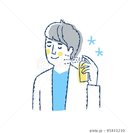 自分の首元にスプレーしている男性 自分の首元にスプレーしている男性 95833230