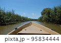 nose of a fast motor boat sails along a narrow river with tall grass on the shore in Astrakhan in summer 95834444