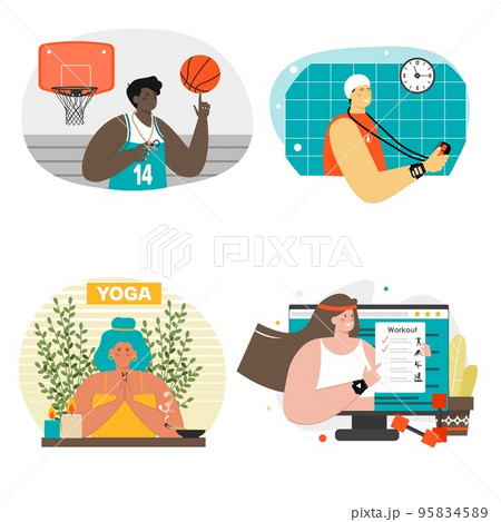 Sport fitness coach vector scene isolated set 95834589