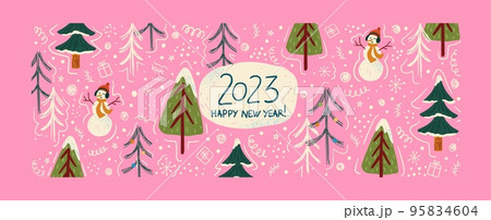 Merry christmas and happy new year background template and banner. Winter holiday vector illustration in vintage style. Christmas tree and toys. 2023 new year hand drawn card 95834604