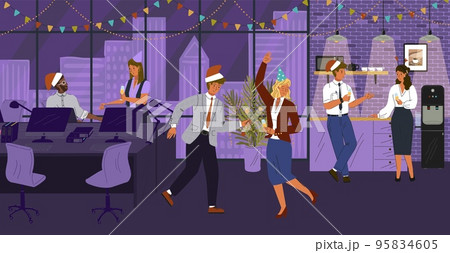 New year and Christmas party in office concept vector illustration. Happy business team celebrate xmas holiday with dancing and champagne. Office worker characters in christmas caps New year and Christmas party in office concept vector illustration. Happy business team celebrate xmas holiday with dancing and champagne. Office worker characters in christmas caps 95834605