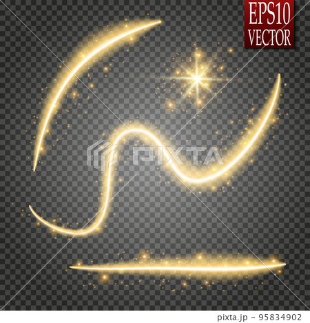 Set of magic glowing spark swirl trail effect isolated on transparent background. Bokeh glitter wave line with flying sparkling flash lights. Vector illustration 95834902