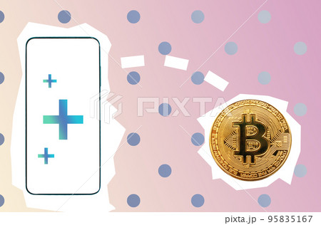 Smartphone next to bitcoin. A collage of cryptocurrency. The concept of a banking app and virtual remittance Smartphone next to bitcoin. A collage of cryptocurrency. The concept of a banking app and virtual remittance 95835167
