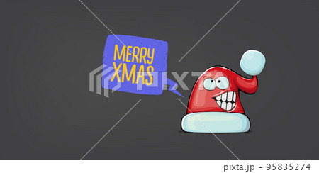 Vector cartoon Santa Claus red hat with smile face isolated on grey horizontal bannner background. Merry Christmas greeting banner with funny monster Santa Claus hat. Santa hat Vector cartoon Santa Claus red hat with smile face isolated on grey horizontal bannner background. Merry Christmas greeting banner with funny monster Santa Claus hat. Santa hat 95835274