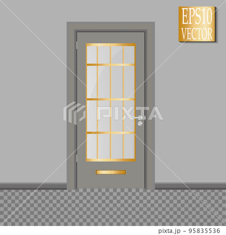 Vector closed door with frame isolated on background. Door with clear glass and Golden frame. Lacquered grey 95835536