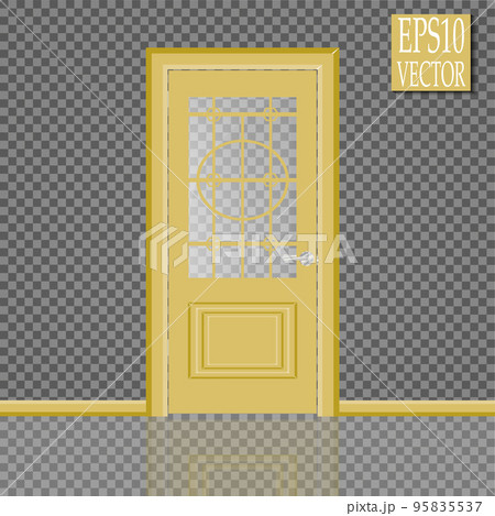 Vector closed door with frame isolated on background. Door with clear glass and Golden frame. Lacquered grey 95835537