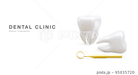 Realistic tooth and dental mirror for teeth isolated on white background. Medical dentist tool. Dentistry, healthcare, hygiene Concept. Vector illustration 95835720