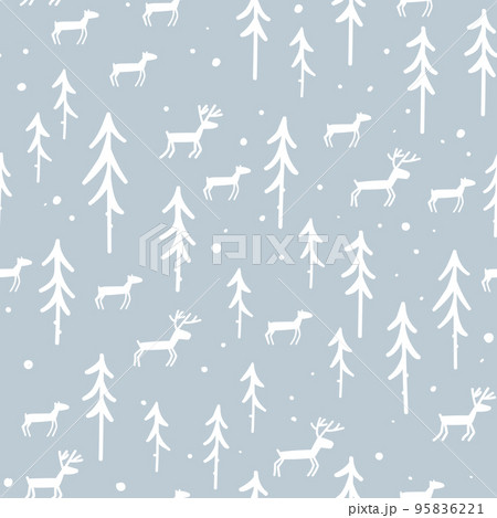 Christmas pattern with trees and deer. Happy New Year nature forest seamless background. Vector winter holidays print for textile, wallpaper, fabric, wallpaper. 95836221