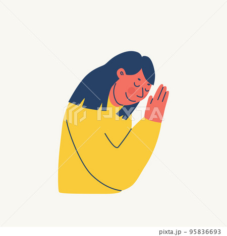 The woman folded her hands in prayer or makes a respectful bow. Smiling character makes namaste. Respectful gestures. Vector illustrations. The woman folded her hands in prayer or makes a respectful bow. Smiling character makes namaste. Respectful gestures. Vector illustrations. 95836693