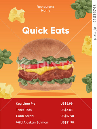 Menu template with American fastfood concept, watercolor style 95836748
