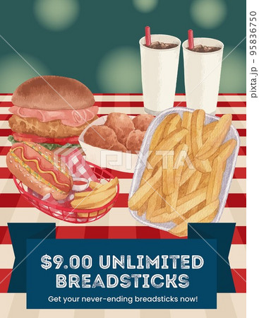 Poster template with American fastfood concept, watercolor style 95836750