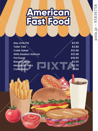 Menu template with American fastfood concept, watercolor style Menu template with American fastfood concept, watercolor style 95836758