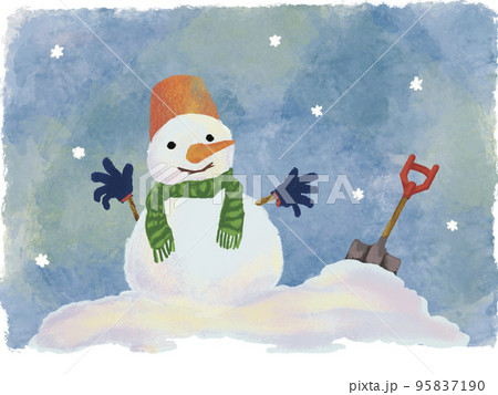 手描き水彩画風かわいい雪だるまのイラスト_冬空の雰囲気のイラスト