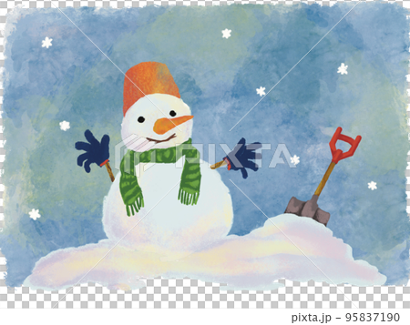 手描き水彩画風かわいい雪だるまのイラスト_冬空の雰囲気 95837190