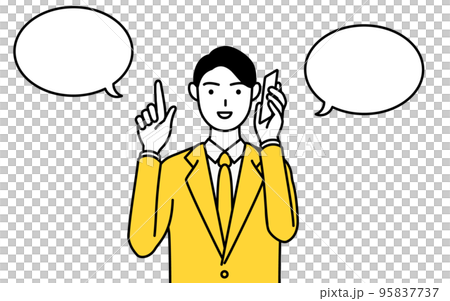 電話をしながら指さしをするスーツ姿のビジネスマンのシンプルな線画イラスト 電話をしながら指さしをするスーツ姿のビジネスマンのシンプルな線画イラスト 95837737