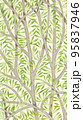 A vertical illustrated design of tree branches with green leaves on a beige background 95837946
