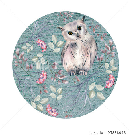 Circle frame of winter plants and owl watercolor illustration isolated on blue. 95838048