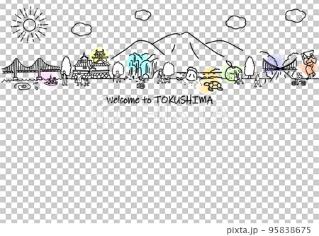 手書きの徳島県の街並みと人々のシンプル線画 手書きの徳島県の街並みと人々のシンプル線画 95838675