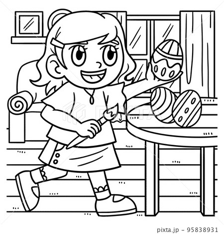 Girl Painting Easter Egg Coloring Page for Kids 95838931